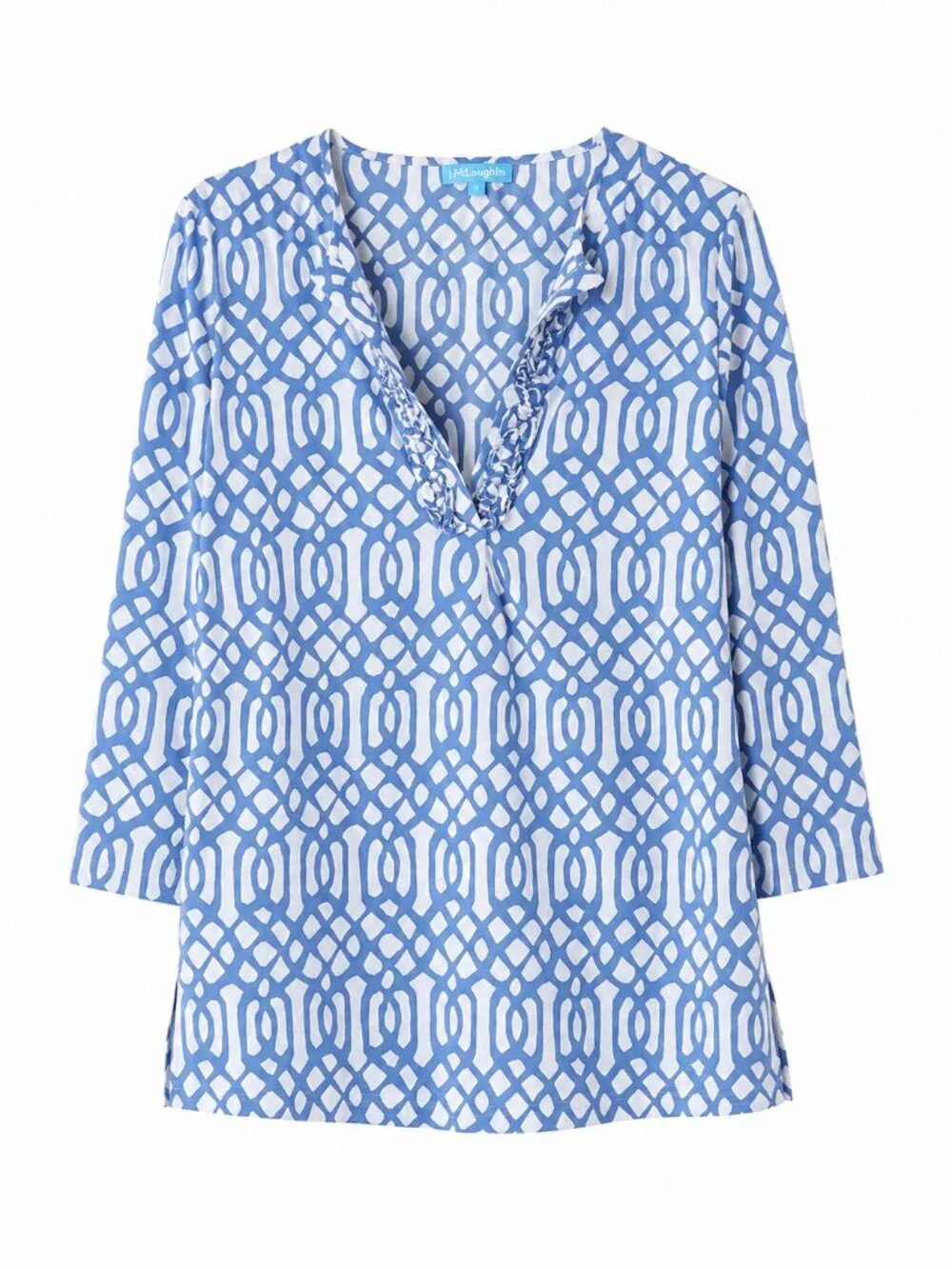 J.McLaughlin Blue White Geometric Cotton Tunic Ruffle Neck, Small - Picture 1 of 2